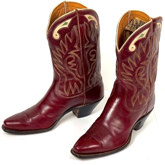 Justin Burgundy 50's Pee Wee Cowboy Boots - Womens Size 6.5B Inlaid Cloth Pulls - Picture 4 of 16